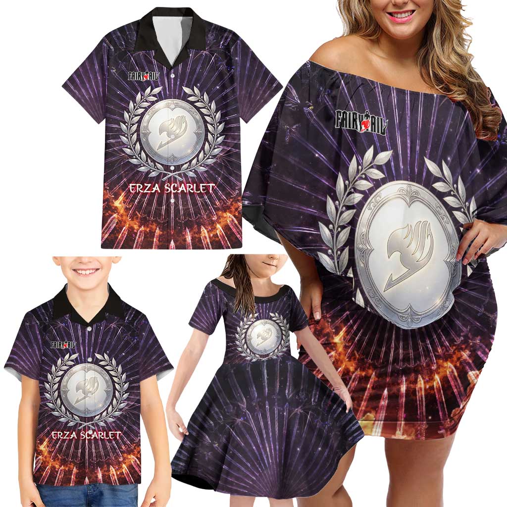 Erza Scarlet Fairy Tail Family Matching Off Shoulder Short Dress and Hawaiian Shirt Celestial Armor Anime Style with Radiant Winged Design