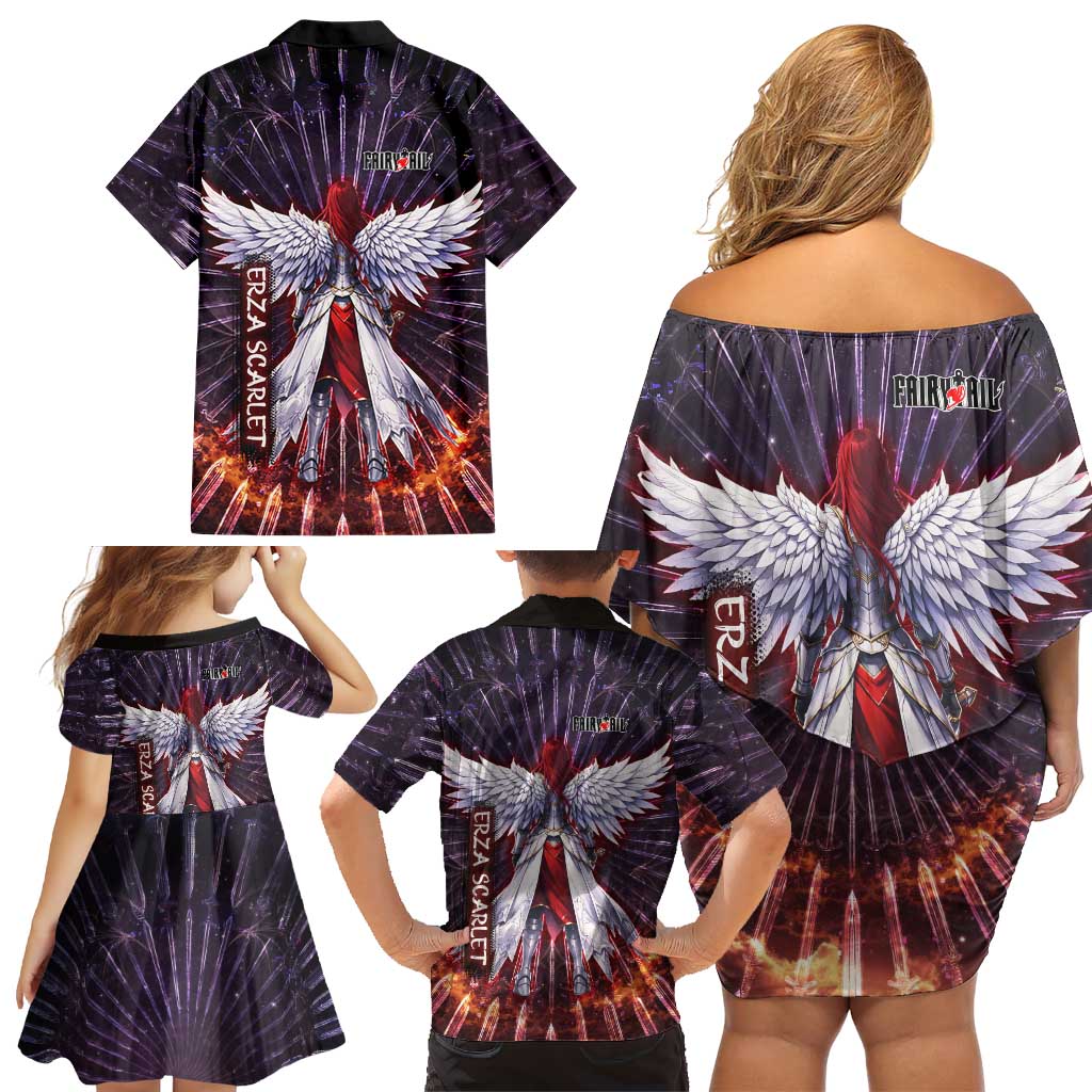 Erza Scarlet Fairy Tail Family Matching Off Shoulder Short Dress and Hawaiian Shirt Celestial Armor Anime Style with Radiant Winged Design