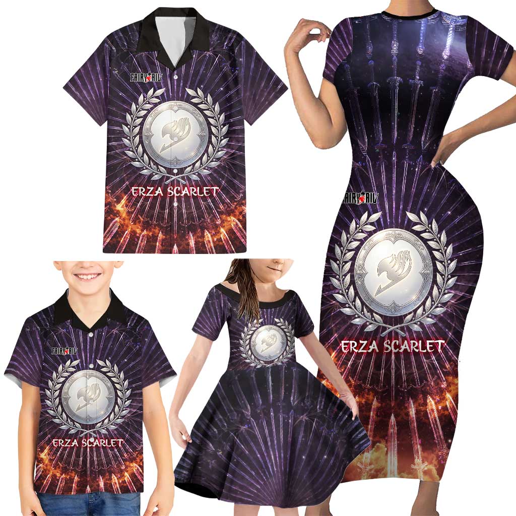 Erza Scarlet Fairy Tail Family Matching Short Sleeve Bodycon Dress and Hawaiian Shirt Celestial Armor Anime Style with Radiant Winged Design