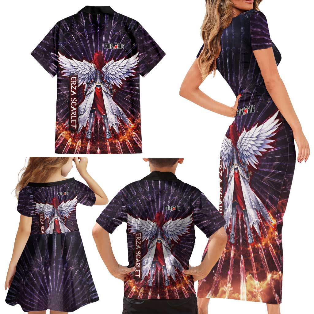 Erza Scarlet Fairy Tail Family Matching Short Sleeve Bodycon Dress and Hawaiian Shirt Celestial Armor Anime Style with Radiant Winged Design