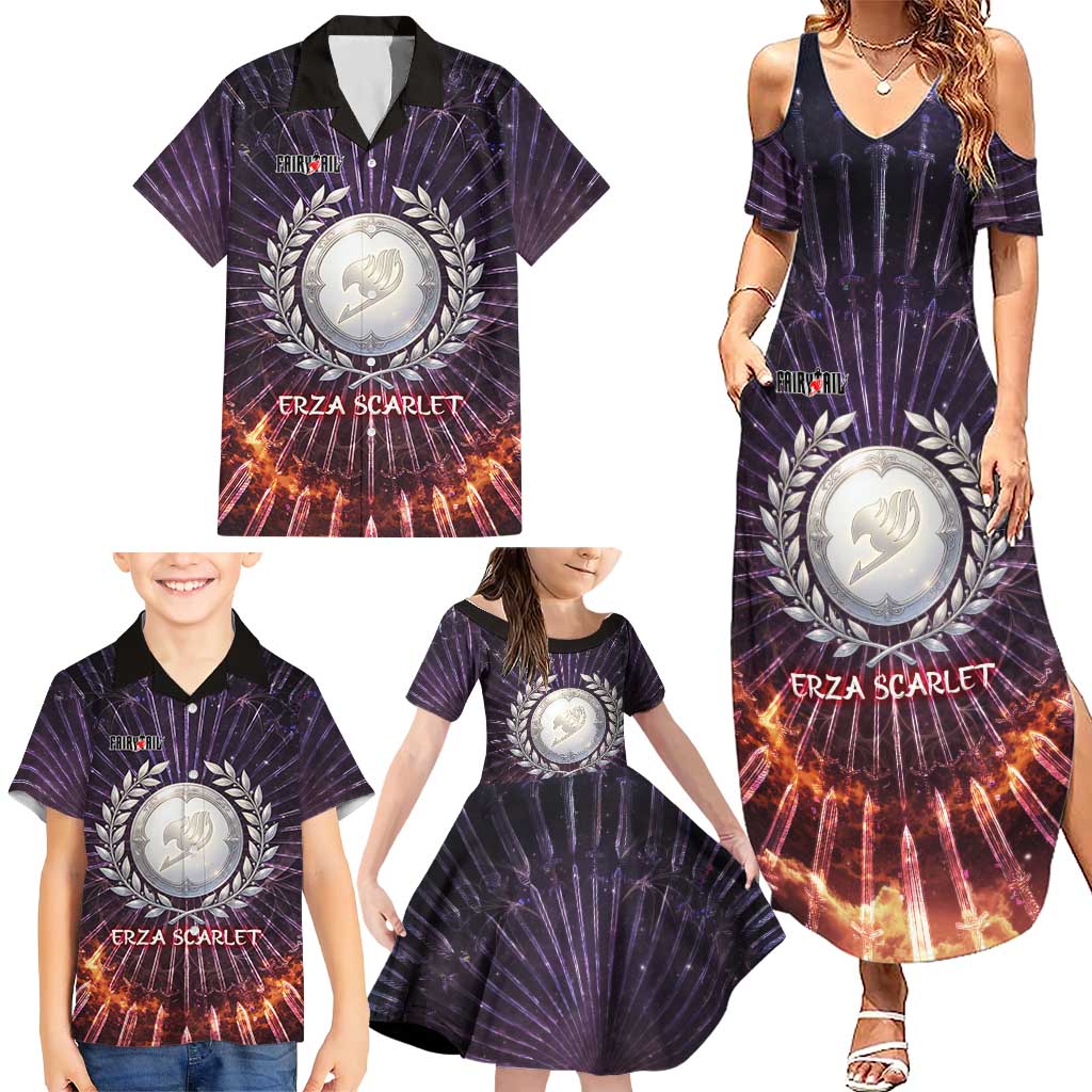 Erza Scarlet Fairy Tail Family Matching Summer Maxi Dress and Hawaiian Shirt Celestial Armor Anime Style with Radiant Winged Design