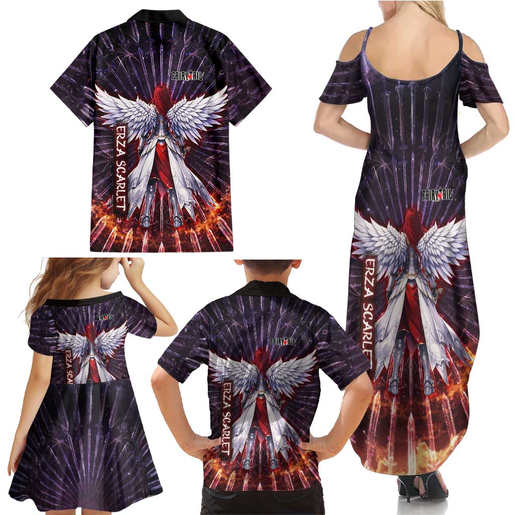 Erza Scarlet Fairy Tail Family Matching Summer Maxi Dress and Hawaiian Shirt Celestial Armor Anime Style with Radiant Winged Design