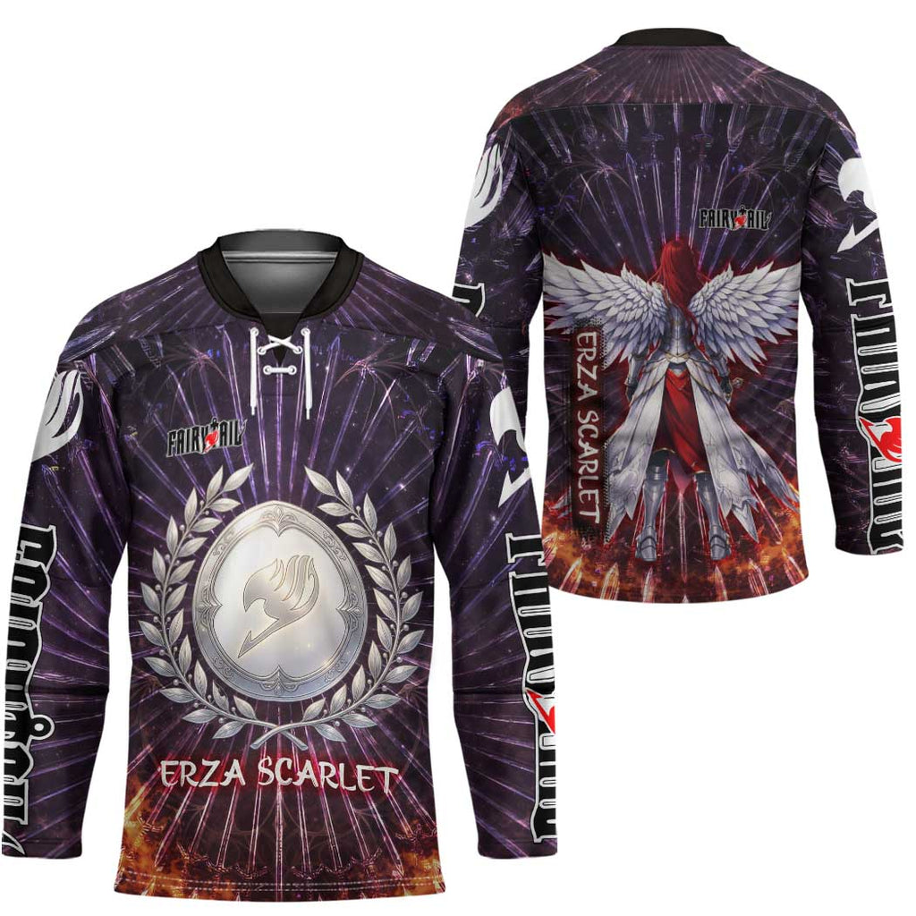 Erza Scarlet Fairy Tail Hockey Jersey Celestial Armor Anime Style with Radiant Winged Design