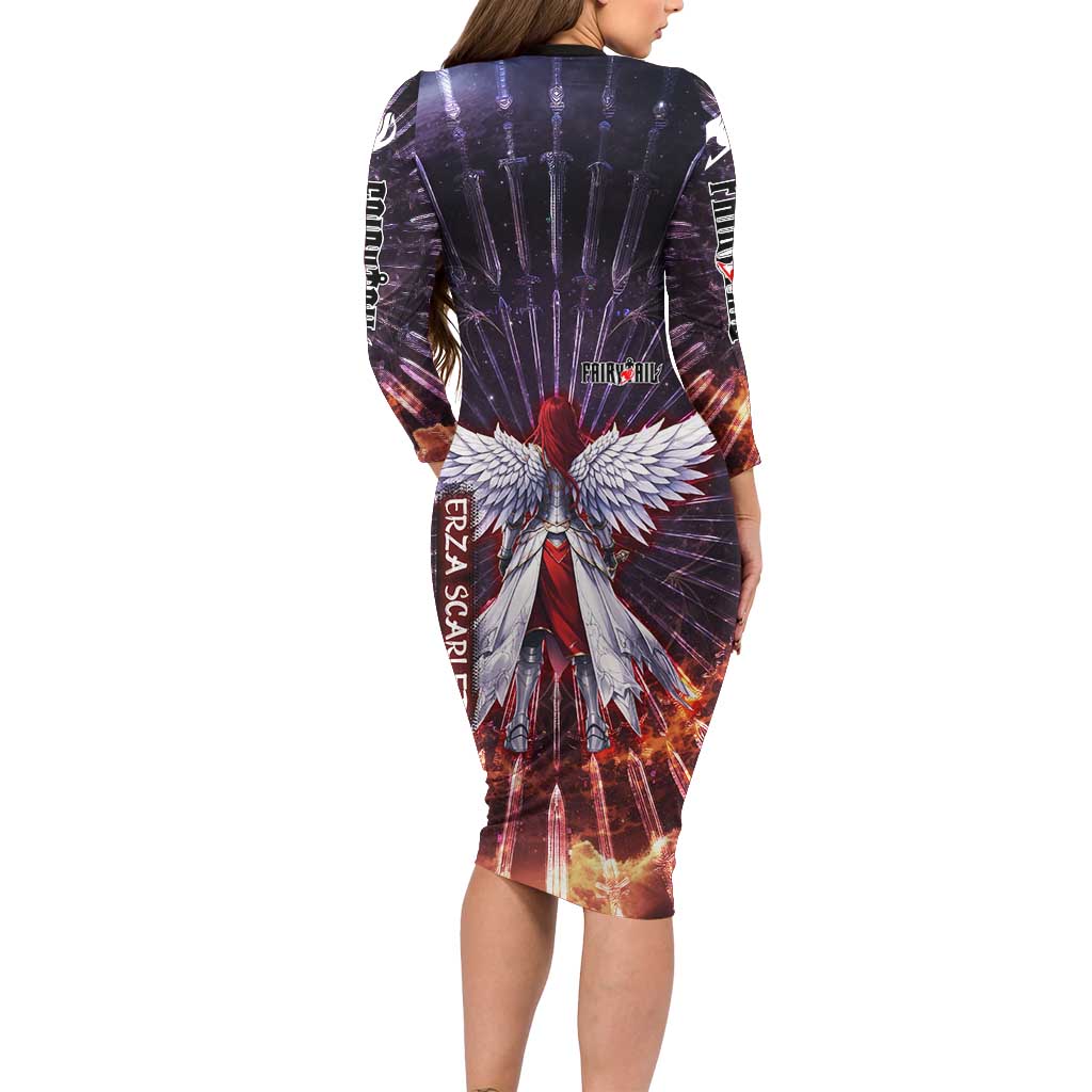 Erza Scarlet Fairy Tail Long Sleeve Bodycon Dress Celestial Armor Anime Style with Radiant Winged Design