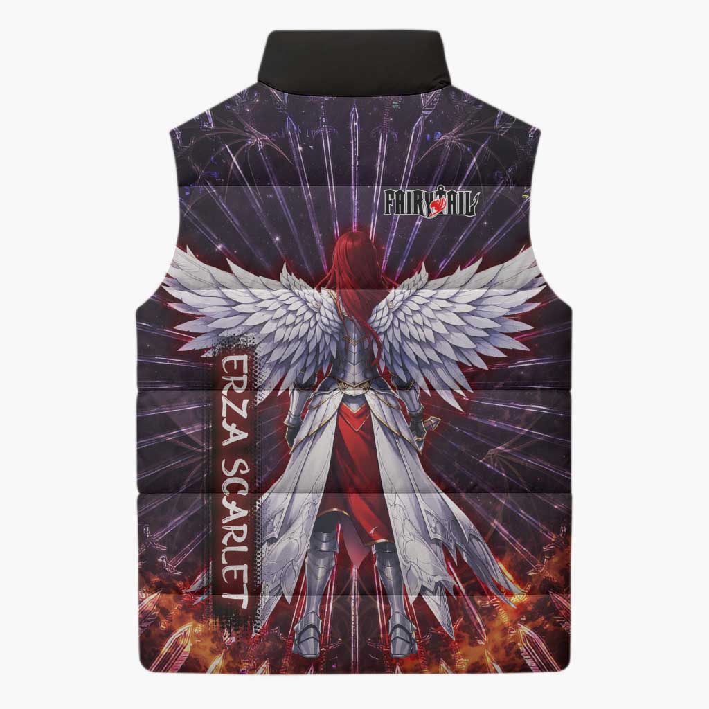 Erza Scarlet Fairy Tail Sleeveless Puffer Jacket Celestial Armor Anime Style with Radiant Winged Design