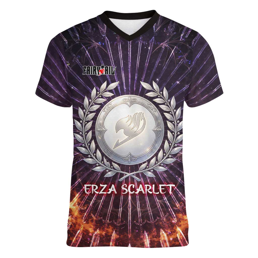 Erza Scarlet Fairy Tail Women V-Neck T-Shirt Celestial Armor Anime Style with Radiant Winged Design