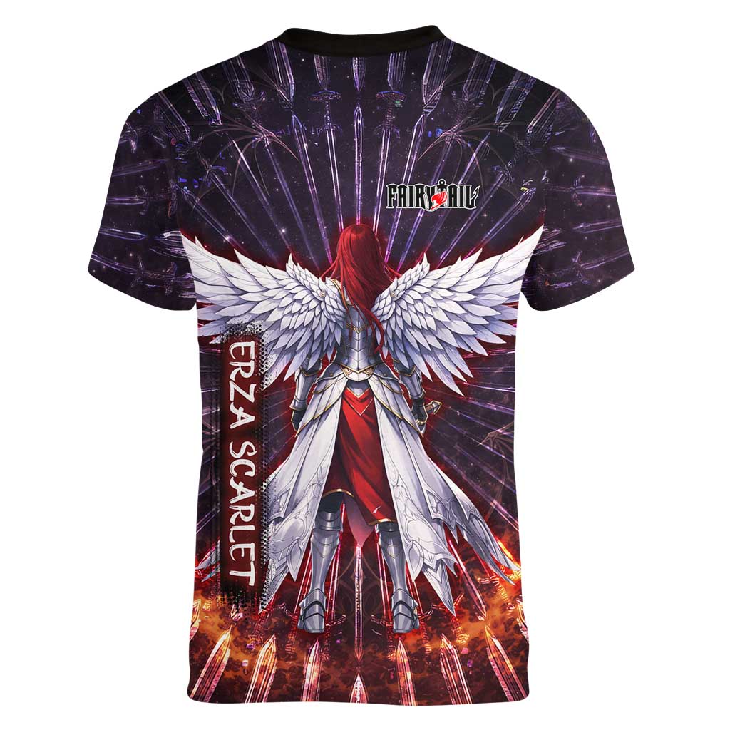 Erza Scarlet Fairy Tail Women V-Neck T-Shirt Celestial Armor Anime Style with Radiant Winged Design