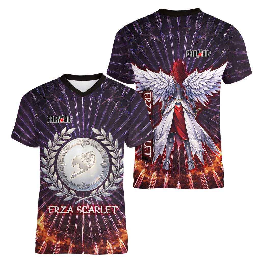 Erza Scarlet Fairy Tail Women V-Neck T-Shirt Celestial Armor Anime Style with Radiant Winged Design
