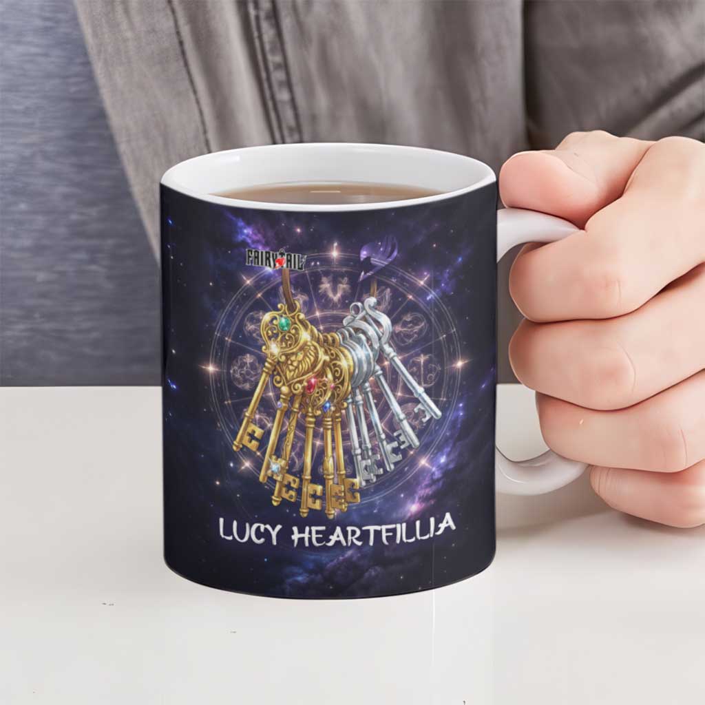 Lucy Heartfilia Fairy Tail Ceramic Mug Celestial Spirit Anime Style with Zodiac Key Magic