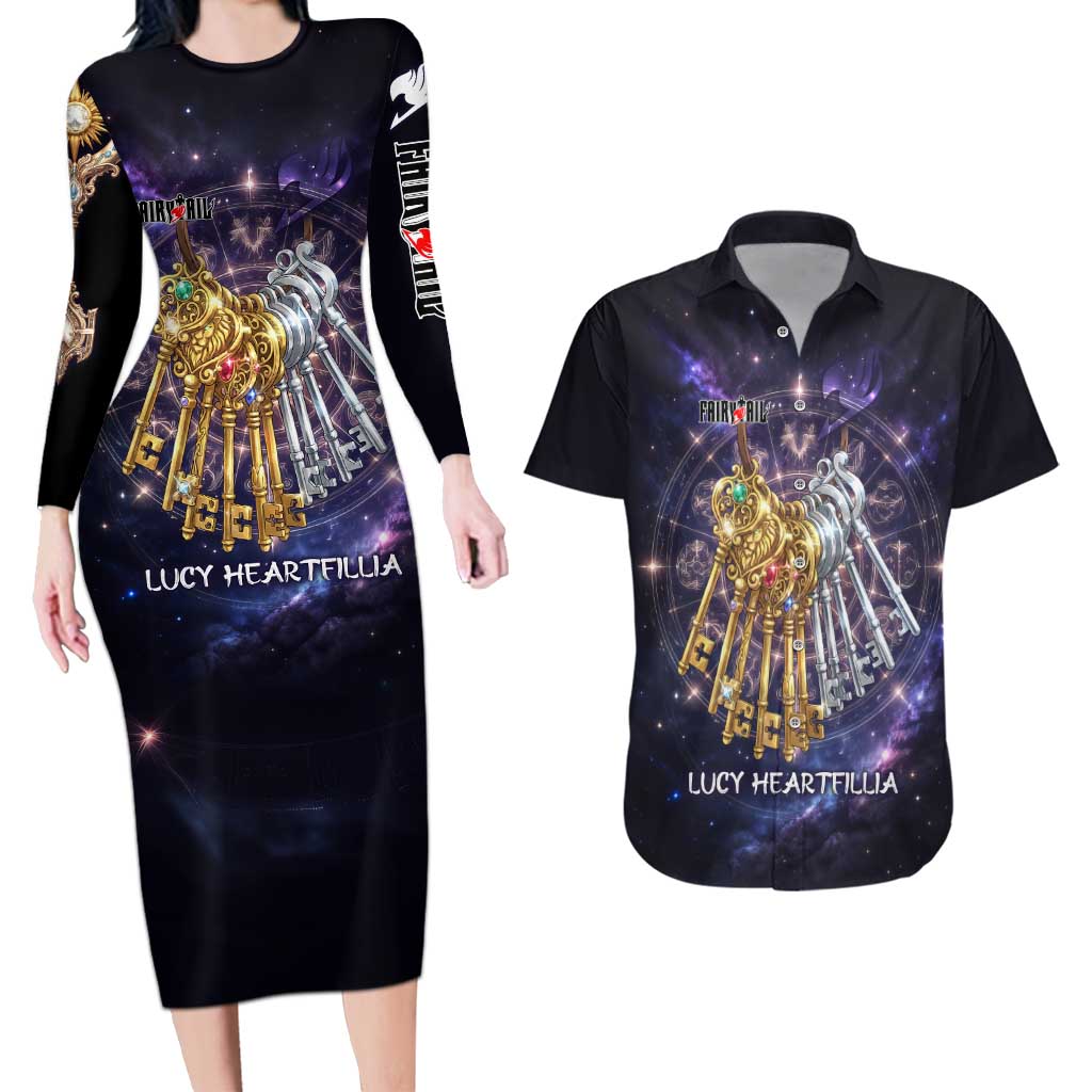 Lucy Heartfilia Fairy Tail Couples Matching Long Sleeve Bodycon Dress and Hawaiian Shirt Celestial Spirit Anime Style with Zodiac Key Magic