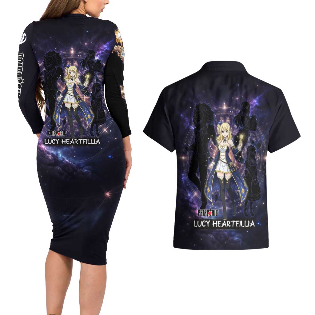 Lucy Heartfilia Fairy Tail Couples Matching Long Sleeve Bodycon Dress and Hawaiian Shirt Celestial Spirit Anime Style with Zodiac Key Magic