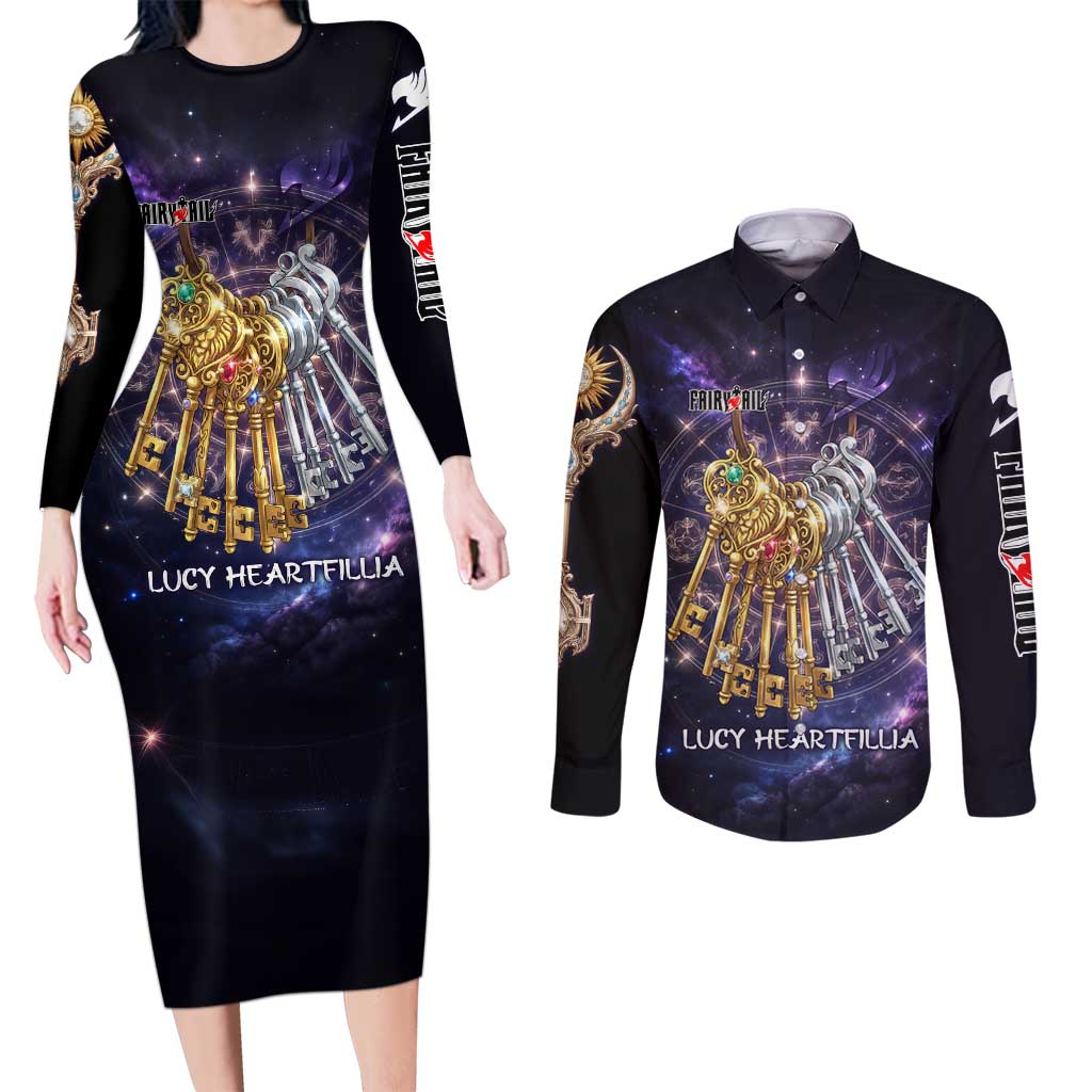 Lucy Heartfilia Fairy Tail Couples Matching Long Sleeve Bodycon Dress and Long Sleeve Button Shirt Celestial Spirit Anime Style with Zodiac Key Magic