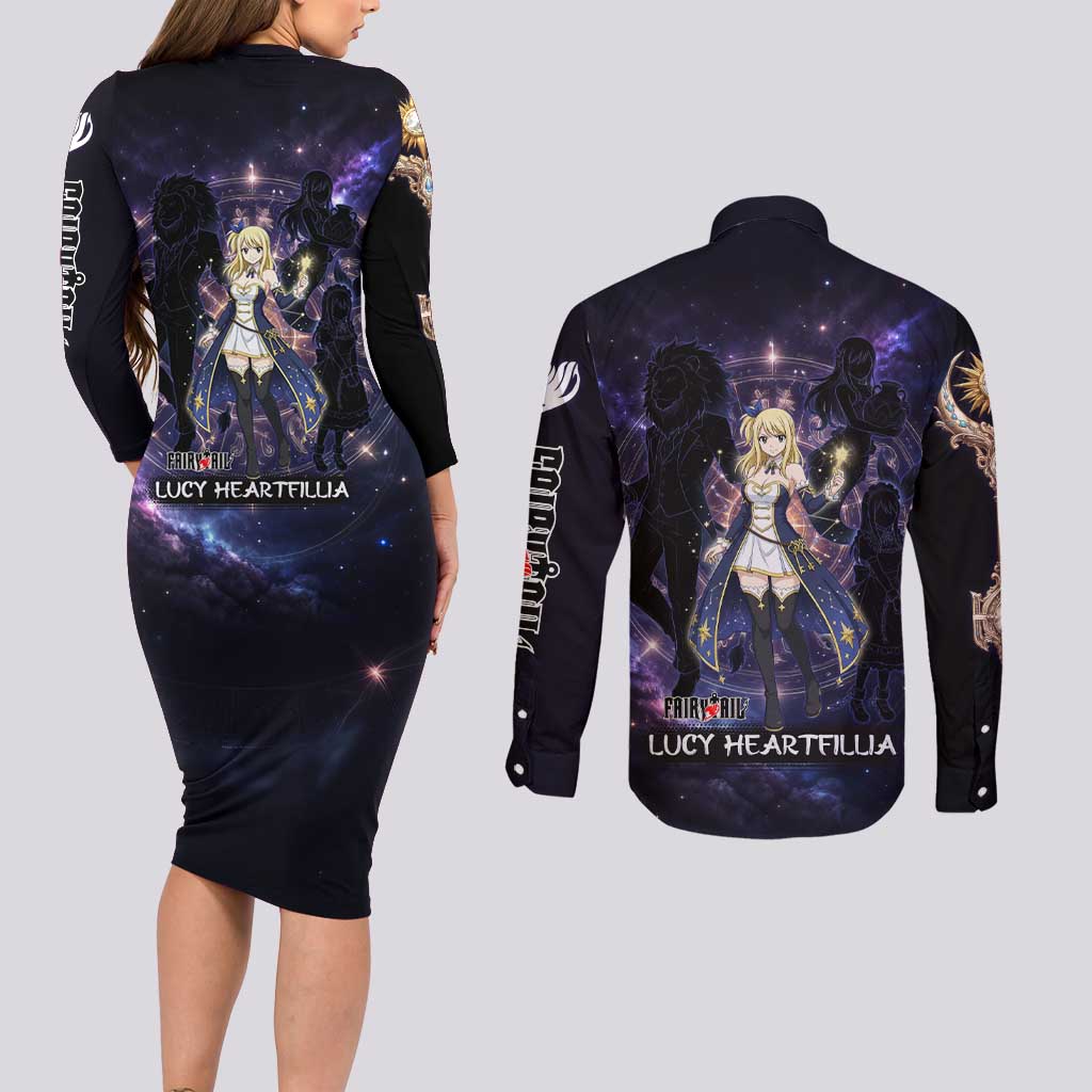 Lucy Heartfilia Fairy Tail Couples Matching Long Sleeve Bodycon Dress and Long Sleeve Button Shirt Celestial Spirit Anime Style with Zodiac Key Magic