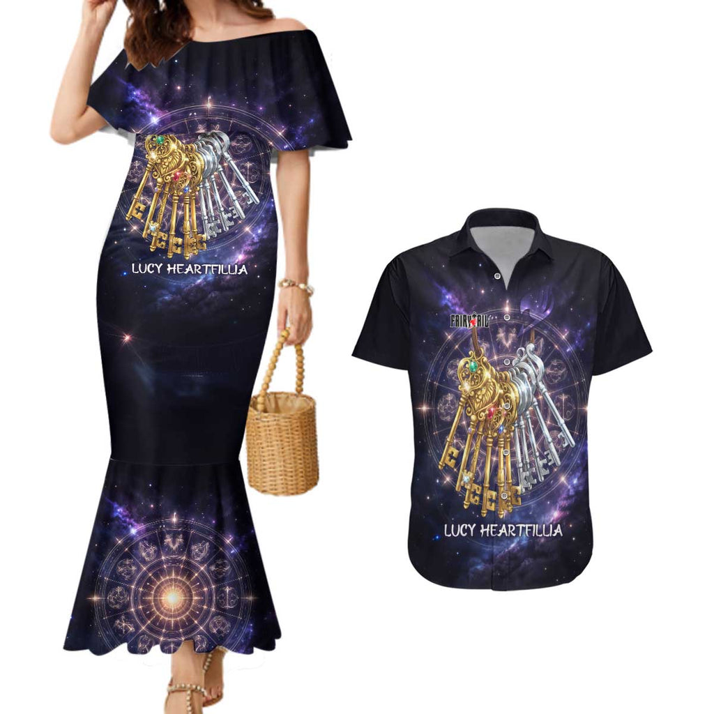 Lucy Heartfilia Fairy Tail Couples Matching Mermaid Dress and Hawaiian Shirt Celestial Spirit Anime Style with Zodiac Key Magic
