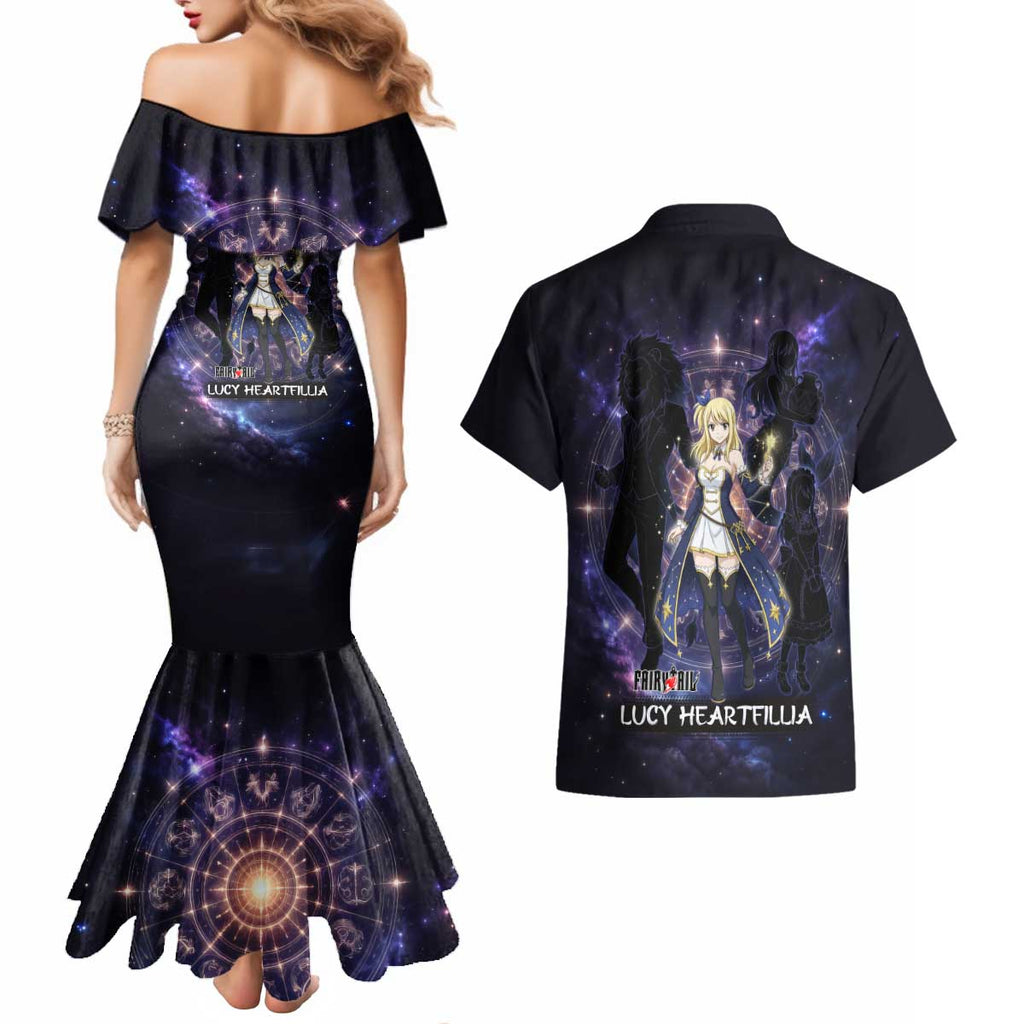 Lucy Heartfilia Fairy Tail Couples Matching Mermaid Dress and Hawaiian Shirt Celestial Spirit Anime Style with Zodiac Key Magic