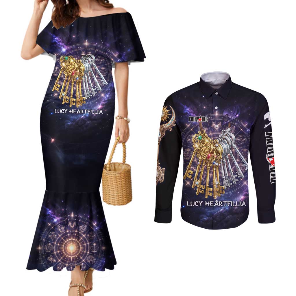 Lucy Heartfilia Fairy Tail Couples Matching Mermaid Dress and Long Sleeve Button Shirt Celestial Spirit Anime Style with Zodiac Key Magic