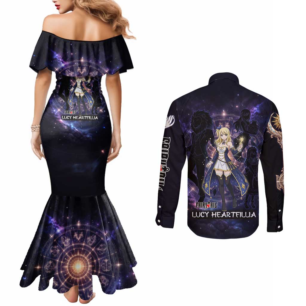 Lucy Heartfilia Fairy Tail Couples Matching Mermaid Dress and Long Sleeve Button Shirt Celestial Spirit Anime Style with Zodiac Key Magic