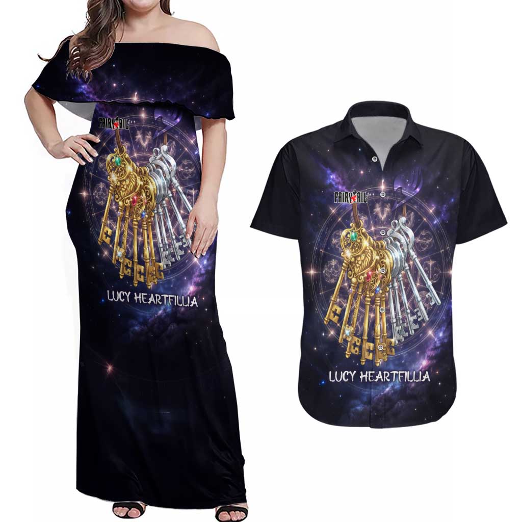 Lucy Heartfilia Fairy Tail Couples Matching Off Shoulder Maxi Dress and Hawaiian Shirt Celestial Spirit Anime Style with Zodiac Key Magic