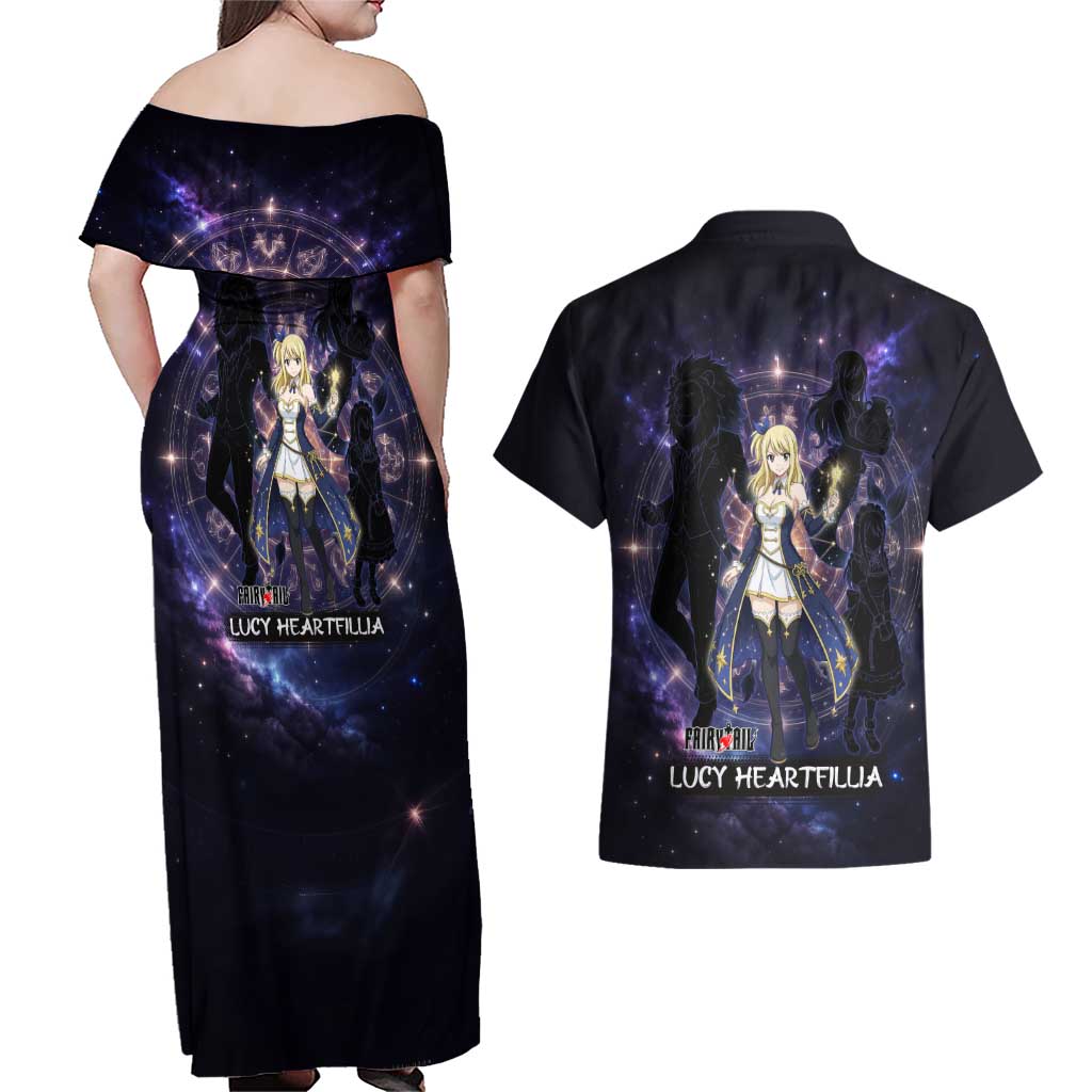 Lucy Heartfilia Fairy Tail Couples Matching Off Shoulder Maxi Dress and Hawaiian Shirt Celestial Spirit Anime Style with Zodiac Key Magic