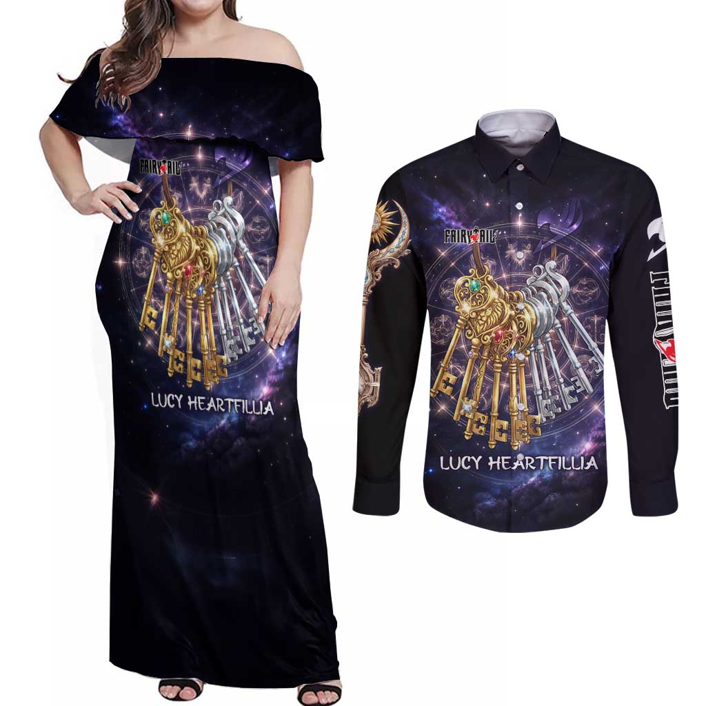 Lucy Heartfilia Fairy Tail Couples Matching Off Shoulder Maxi Dress and Long Sleeve Button Shirt Celestial Spirit Anime Style with Zodiac Key Magic