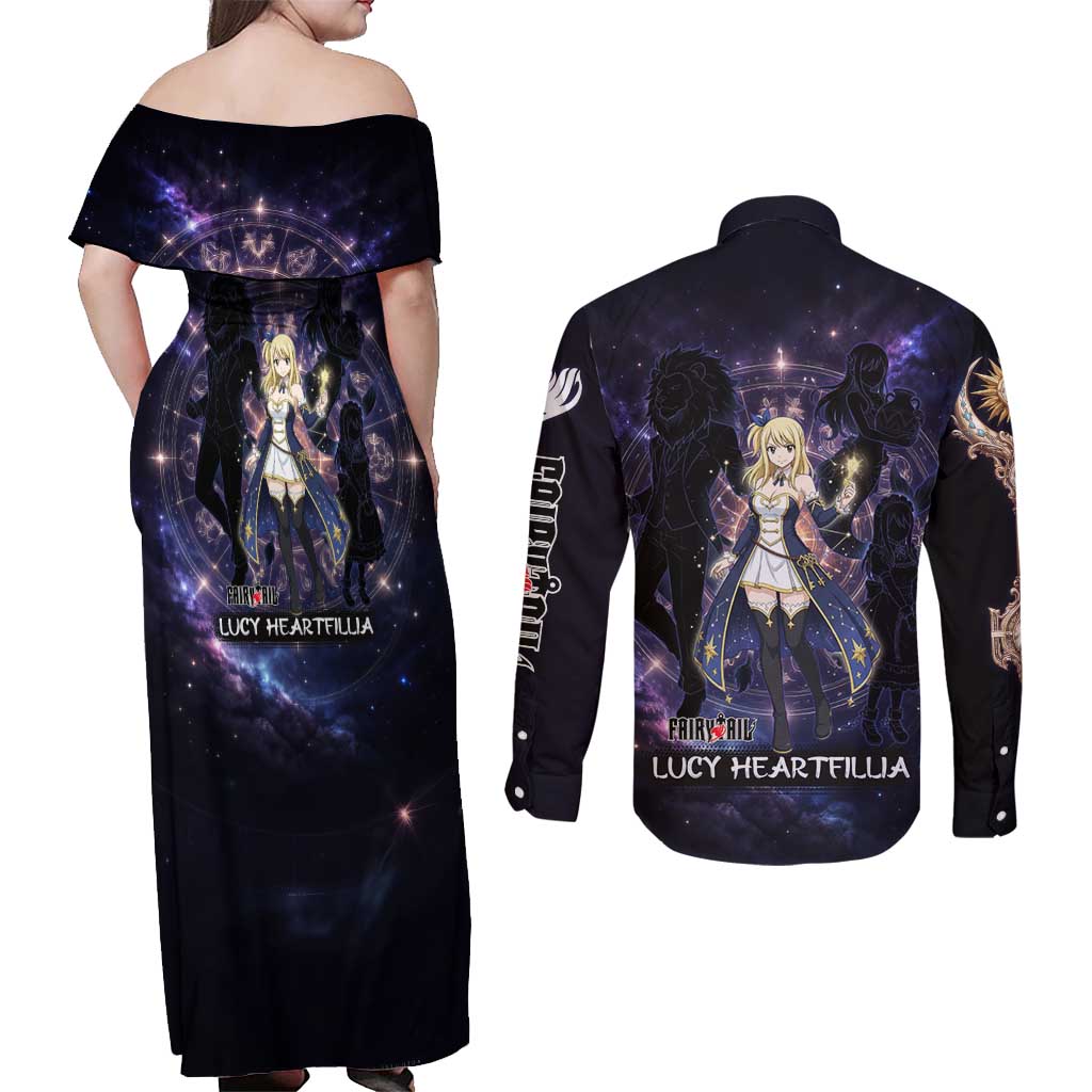 Lucy Heartfilia Fairy Tail Couples Matching Off Shoulder Maxi Dress and Long Sleeve Button Shirt Celestial Spirit Anime Style with Zodiac Key Magic