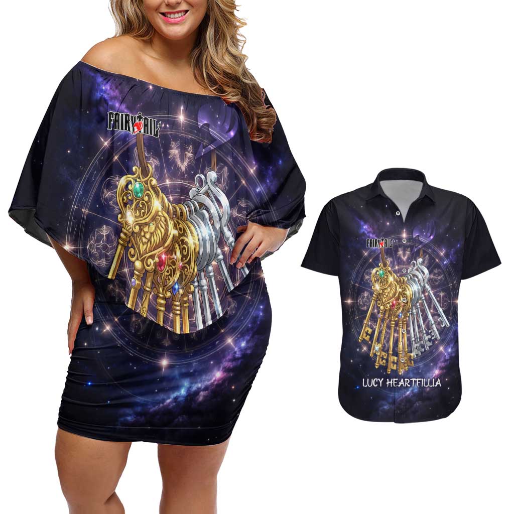 Lucy Heartfilia Fairy Tail Couples Matching Off Shoulder Short Dress and Hawaiian Shirt Celestial Spirit Anime Style with Zodiac Key Magic