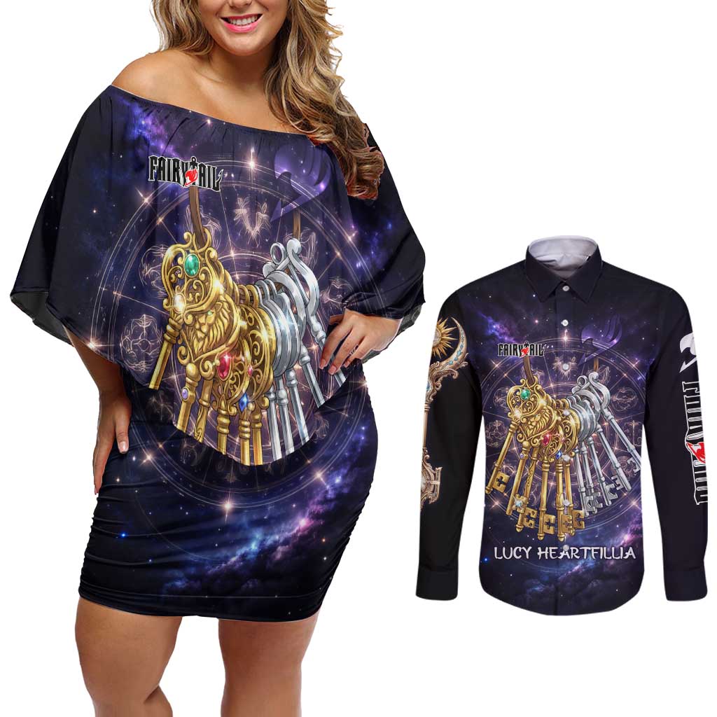 Lucy Heartfilia Fairy Tail Couples Matching Off Shoulder Short Dress and Long Sleeve Button Shirt Celestial Spirit Anime Style with Zodiac Key Magic