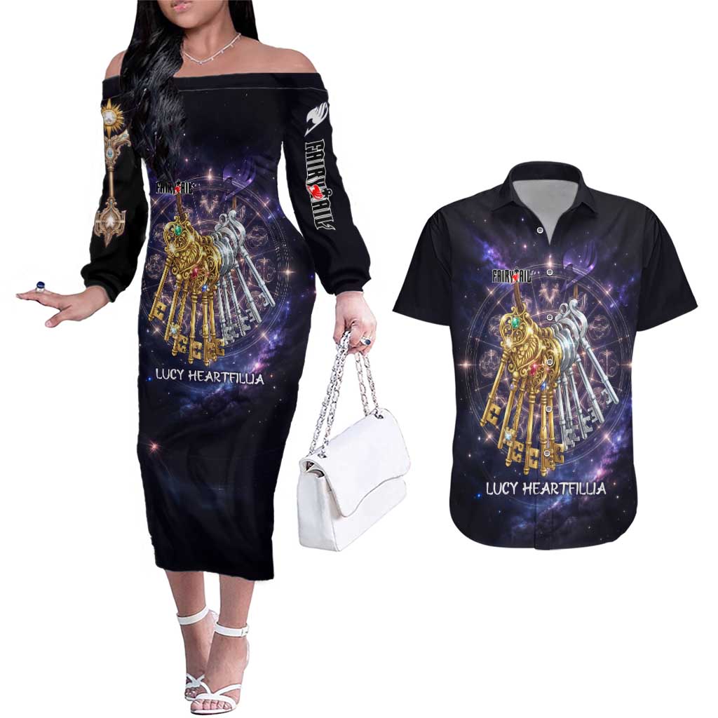 Lucy Heartfilia Fairy Tail Couples Matching Off The Shoulder Long Sleeve Dress and Hawaiian Shirt Celestial Spirit Anime Style with Zodiac Key Magic