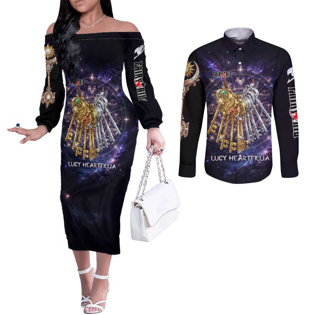 Lucy Heartfilia Fairy Tail Couples Matching Off The Shoulder Long Sleeve Dress and Long Sleeve Button Shirt Celestial Spirit Anime Style with Zodiac Key Magic