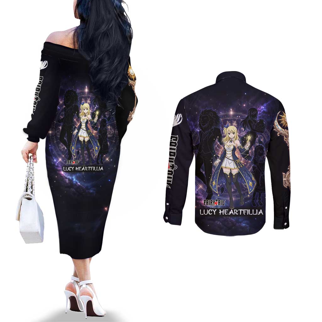 Lucy Heartfilia Fairy Tail Couples Matching Off The Shoulder Long Sleeve Dress and Long Sleeve Button Shirt Celestial Spirit Anime Style with Zodiac Key Magic