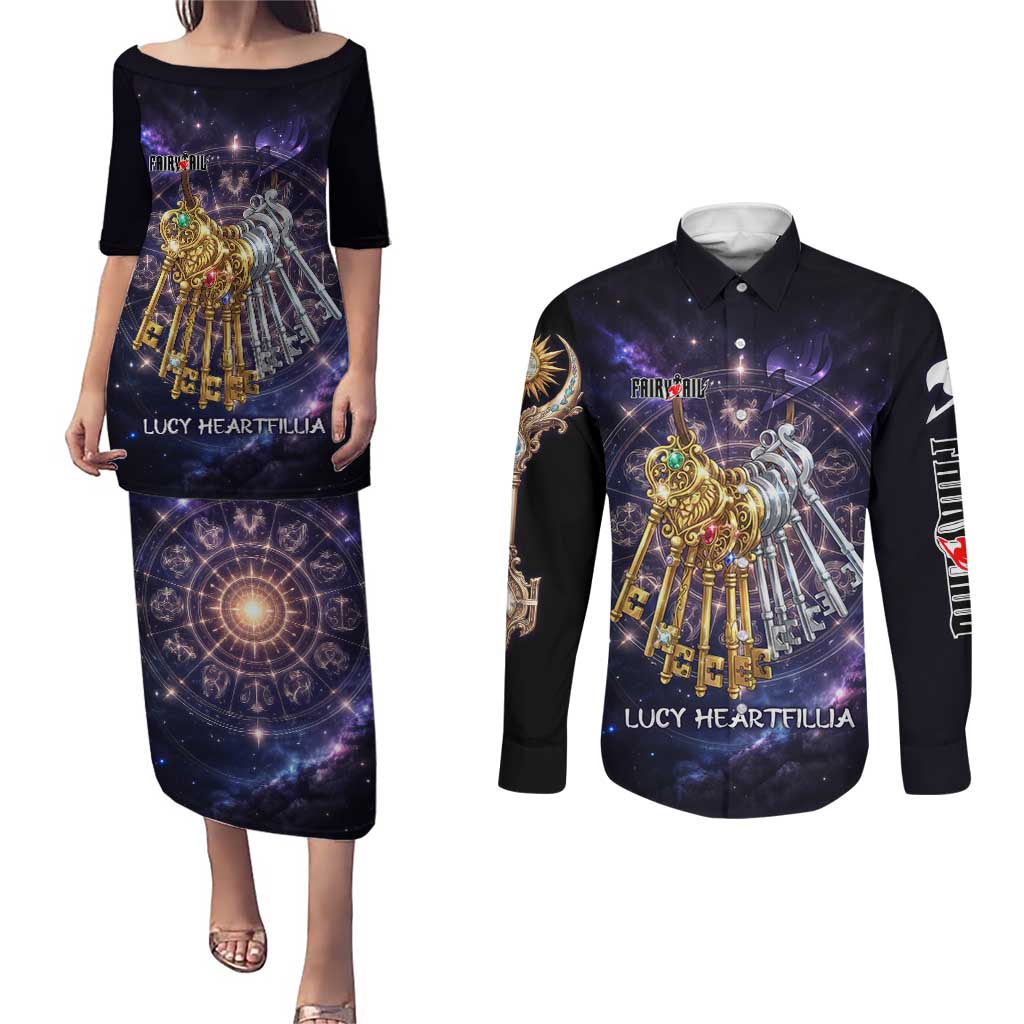Lucy Heartfilia Fairy Tail Couples Matching Puletasi and Long Sleeve Button Shirt Celestial Spirit Anime Style with Zodiac Key Magic