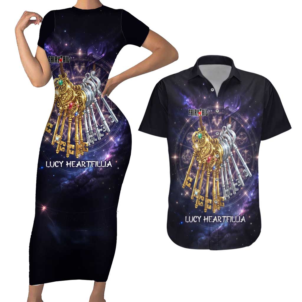 Lucy Heartfilia Fairy Tail Couples Matching Short Sleeve Bodycon Dress and Hawaiian Shirt Celestial Spirit Anime Style with Zodiac Key Magic