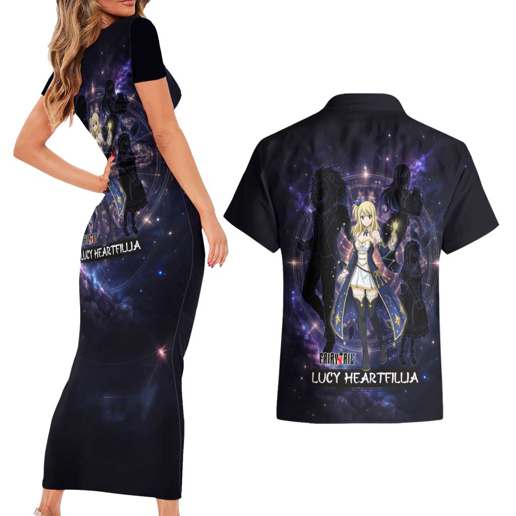 Lucy Heartfilia Fairy Tail Couples Matching Short Sleeve Bodycon Dress and Hawaiian Shirt Celestial Spirit Anime Style with Zodiac Key Magic