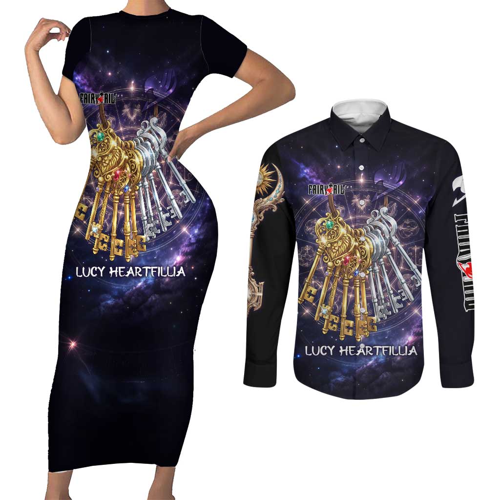 Lucy Heartfilia Fairy Tail Couples Matching Short Sleeve Bodycon Dress and Long Sleeve Button Shirt Celestial Spirit Anime Style with Zodiac Key Magic