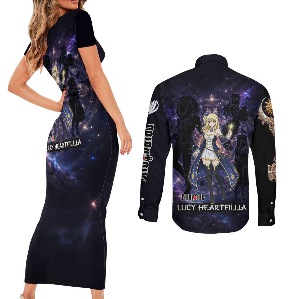 Lucy Heartfilia Fairy Tail Couples Matching Short Sleeve Bodycon Dress and Long Sleeve Button Shirt Celestial Spirit Anime Style with Zodiac Key Magic