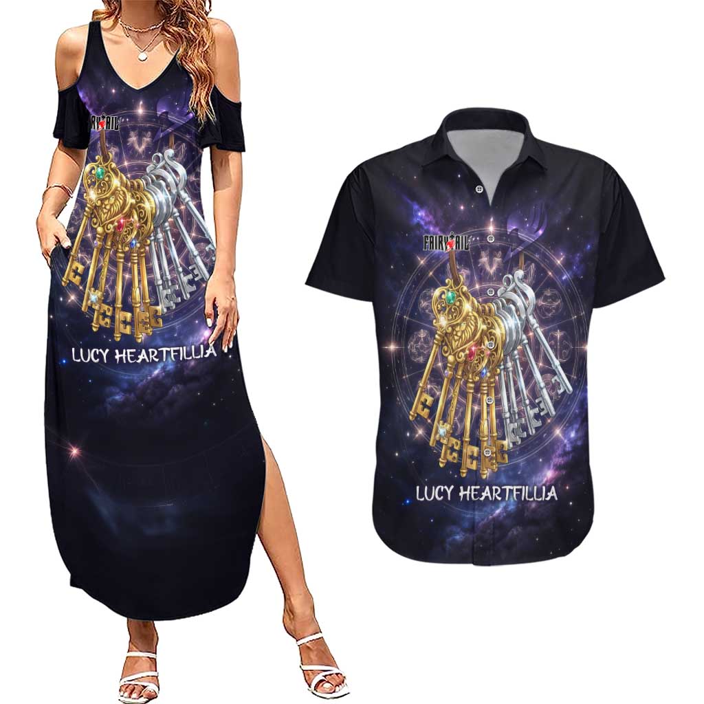 Lucy Heartfilia Fairy Tail Couples Matching Summer Maxi Dress and Hawaiian Shirt Celestial Spirit Anime Style with Zodiac Key Magic