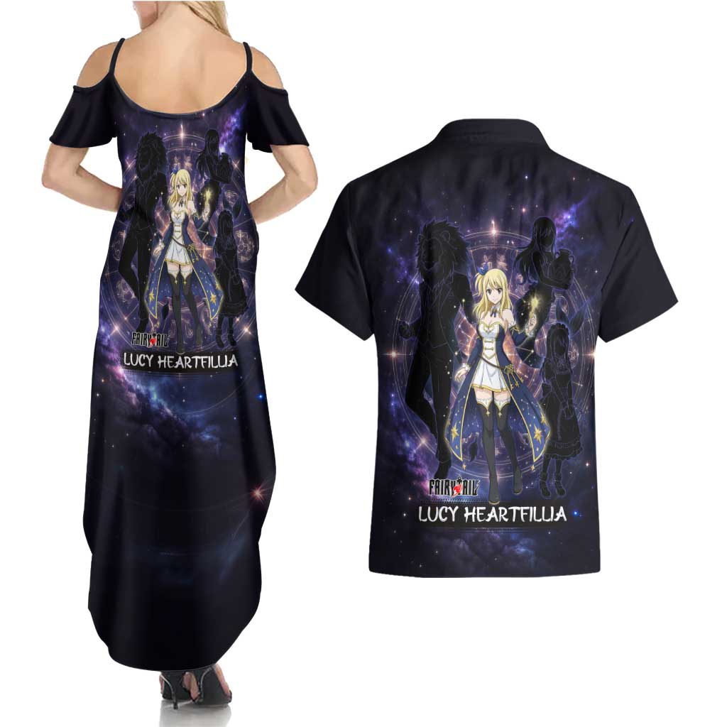 Lucy Heartfilia Fairy Tail Couples Matching Summer Maxi Dress and Hawaiian Shirt Celestial Spirit Anime Style with Zodiac Key Magic