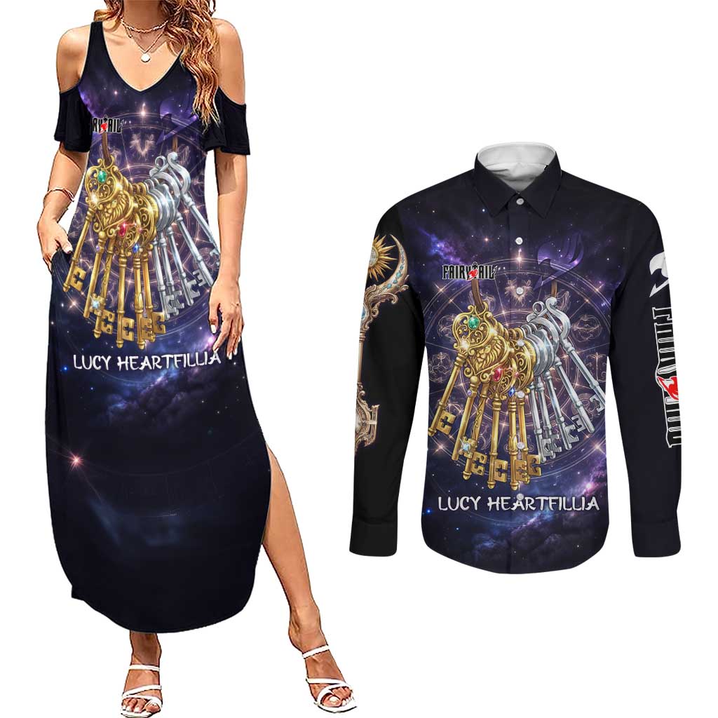 Lucy Heartfilia Fairy Tail Couples Matching Summer Maxi Dress and Long Sleeve Button Shirt Celestial Spirit Anime Style with Zodiac Key Magic