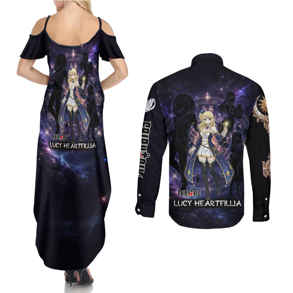 Lucy Heartfilia Fairy Tail Couples Matching Summer Maxi Dress and Long Sleeve Button Shirt Celestial Spirit Anime Style with Zodiac Key Magic