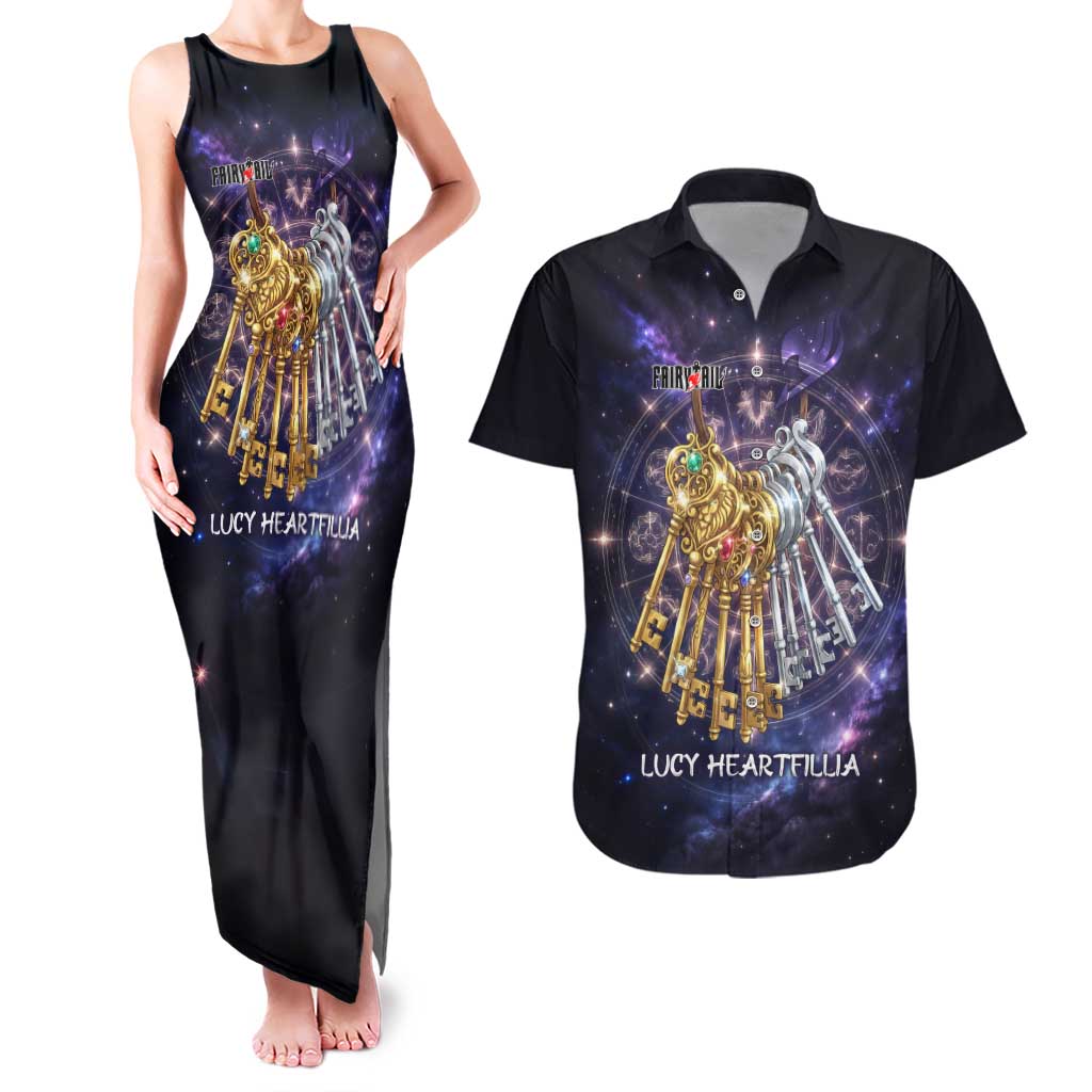 Lucy Heartfilia Fairy Tail Couples Matching Tank Maxi Dress and Hawaiian Shirt Celestial Spirit Anime Style with Zodiac Key Magic