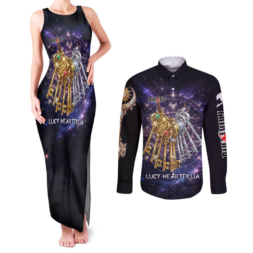 Lucy Heartfilia Fairy Tail Couples Matching Tank Maxi Dress and Long Sleeve Button Shirt Celestial Spirit Anime Style with Zodiac Key Magic