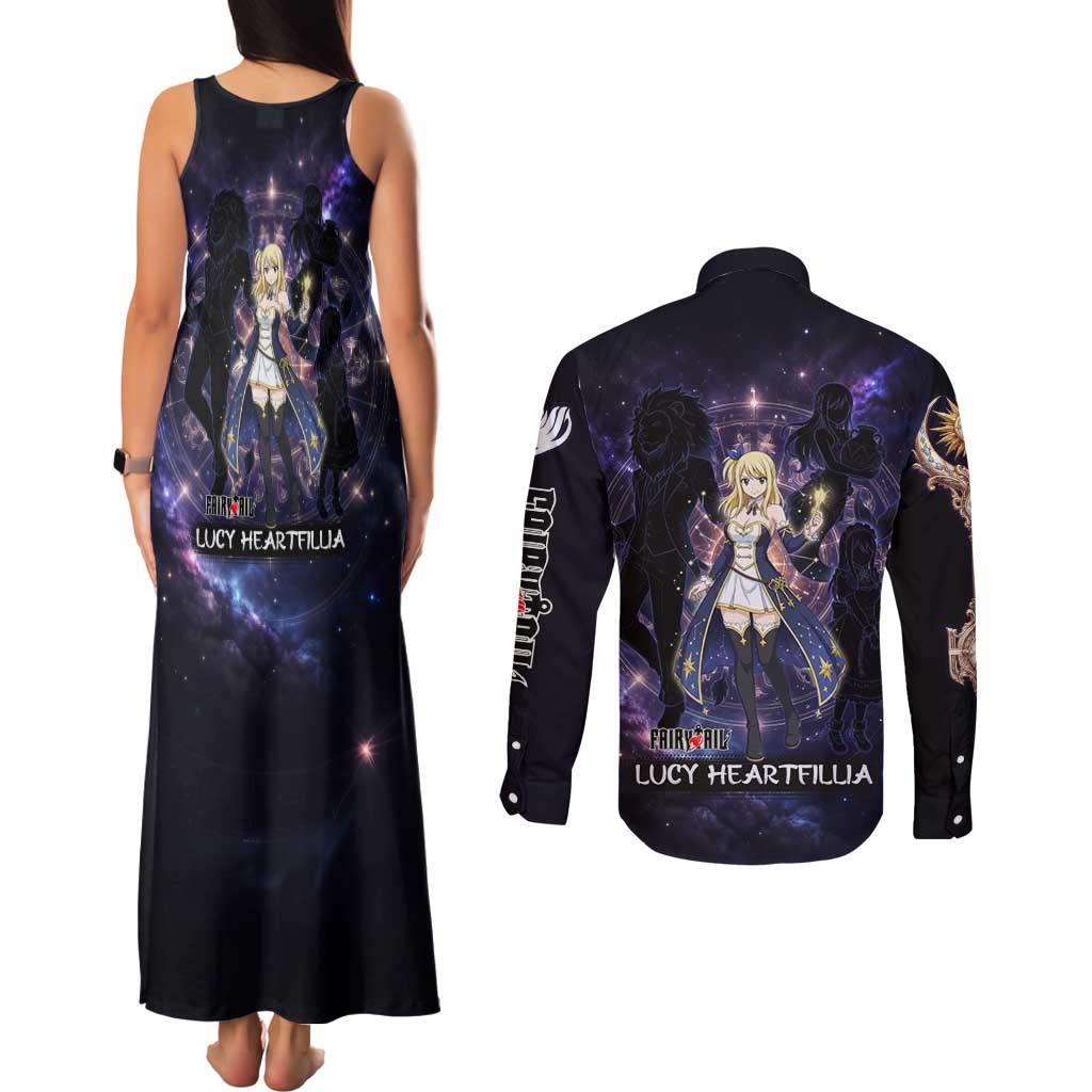 Lucy Heartfilia Fairy Tail Couples Matching Tank Maxi Dress and Long Sleeve Button Shirt Celestial Spirit Anime Style with Zodiac Key Magic