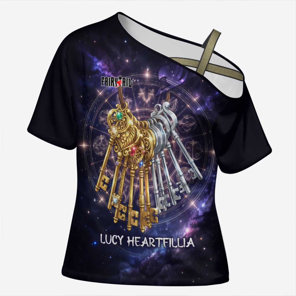 Lucy Heartfilia Fairy Tail Cross Shoulder Shirt Celestial Spirit Anime Style with Zodiac Key Magic