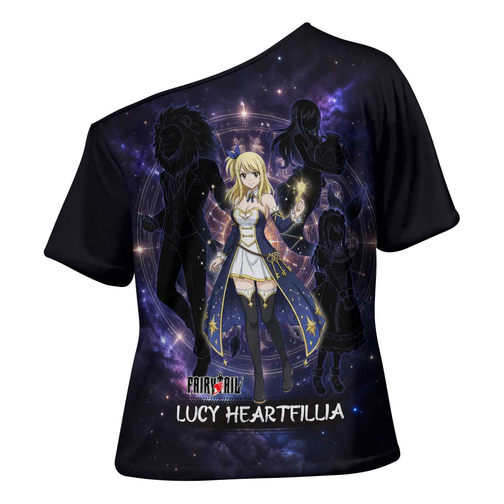 Lucy Heartfilia Fairy Tail Cross Shoulder Shirt Celestial Spirit Anime Style with Zodiac Key Magic