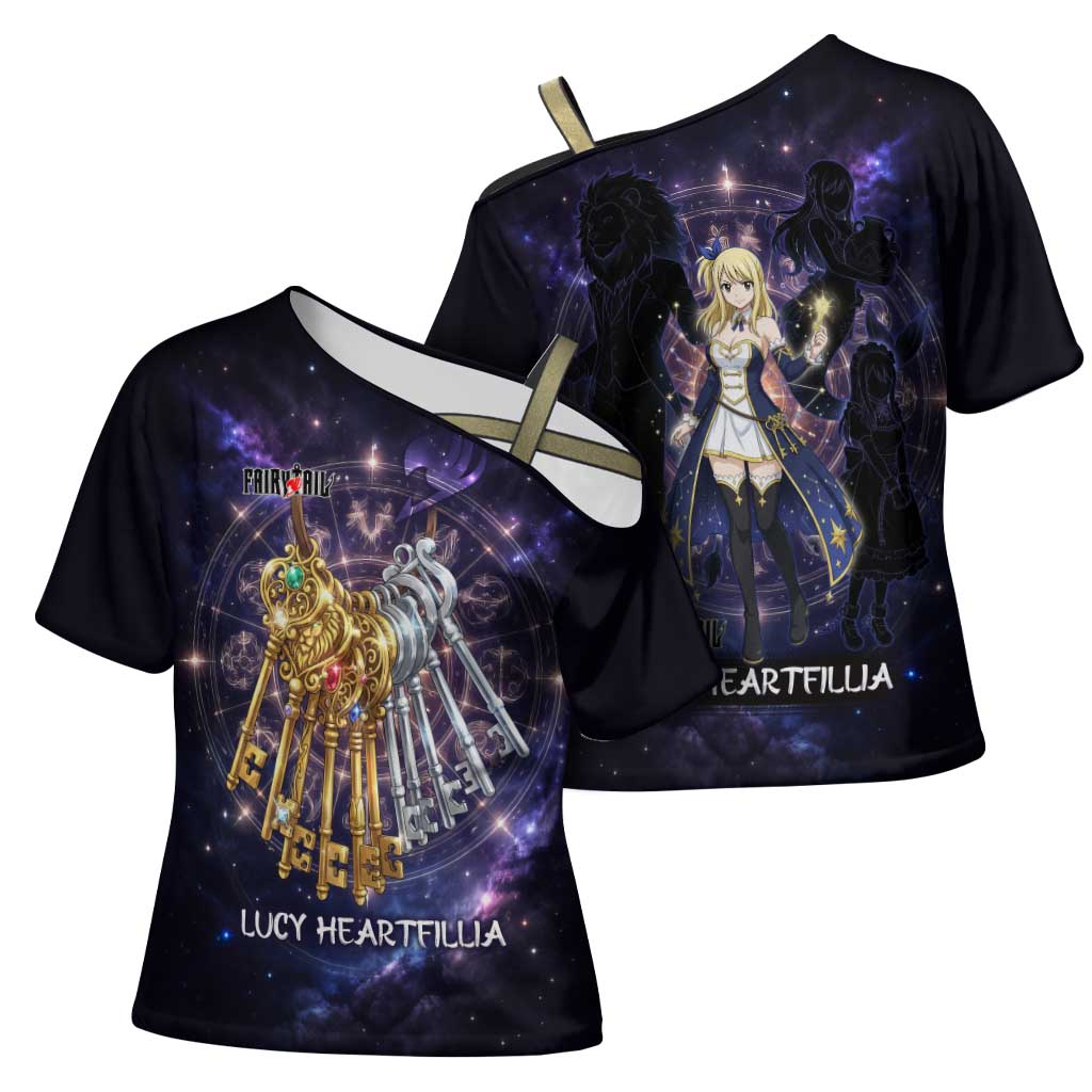 Lucy Heartfilia Fairy Tail Cross Shoulder Shirt Celestial Spirit Anime Style with Zodiac Key Magic