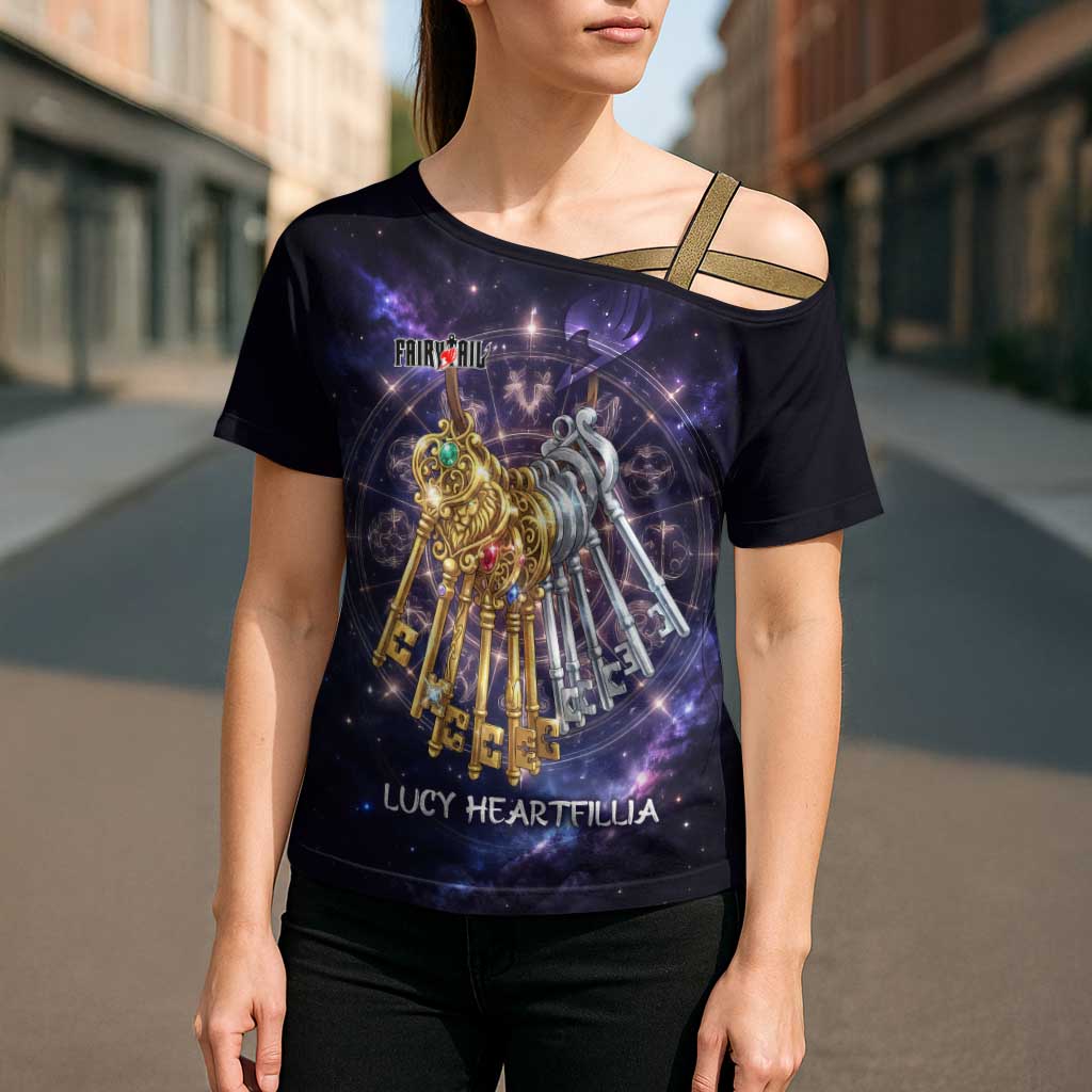 Lucy Heartfilia Fairy Tail Cross Shoulder Shirt Celestial Spirit Anime Style with Zodiac Key Magic