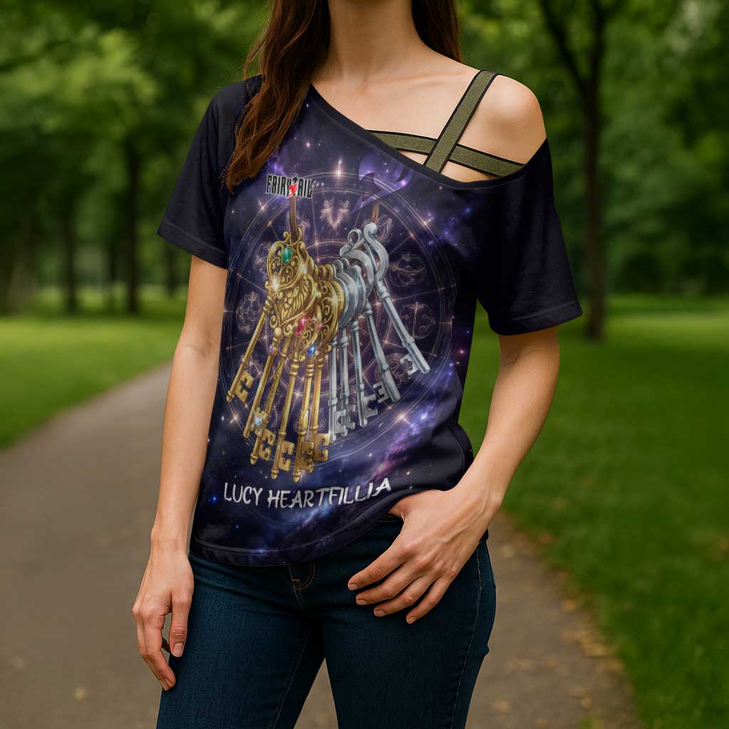 Lucy Heartfilia Fairy Tail Cross Shoulder Shirt Celestial Spirit Anime Style with Zodiac Key Magic