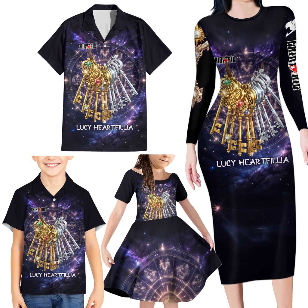 Lucy Heartfilia Fairy Tail Family Matching Long Sleeve Bodycon Dress and Hawaiian Shirt Celestial Spirit Anime Style with Zodiac Key Magic