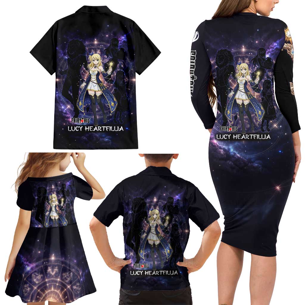 Lucy Heartfilia Fairy Tail Family Matching Long Sleeve Bodycon Dress and Hawaiian Shirt Celestial Spirit Anime Style with Zodiac Key Magic
