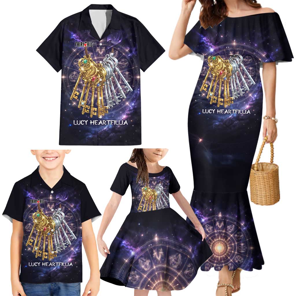 Lucy Heartfilia Fairy Tail Family Matching Mermaid Dress and Hawaiian Shirt Celestial Spirit Anime Style with Zodiac Key Magic